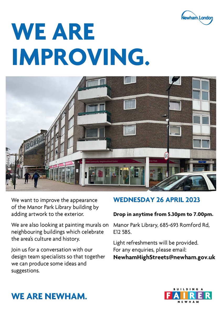 NewhamShape's tweet photo. And if you would like to participate in the co-design of a future creative installation in Manor Park why not come to the drop in event tonight at Manor Park Library https://t.co/jqGGcHRIud