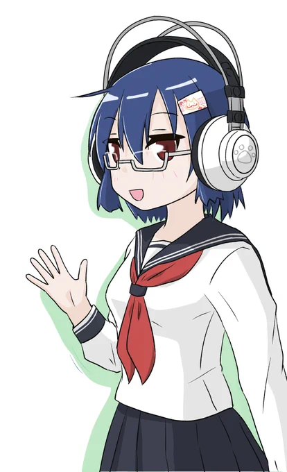 <おは<ん。おはよー<ヘッドホンしてるのに反応早い!#創作 #オリキャラ#ネコとイヌとメガネっ娘 