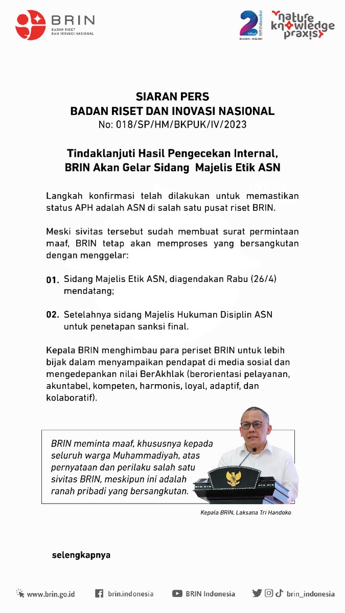 Hari ini di BRIN menggelar sidang etik ASN dan dilanjut dg sidang Majelis Hukuman Disiplin ASN. Kita tunggu saja hasilnya. Dan yg setuju AP Hasanuddin dan Prof Thomas Djamaluddin di pecat serta di adili secara hukum yg berlaku di negara kita Retweet 🔄.
TUMAN.