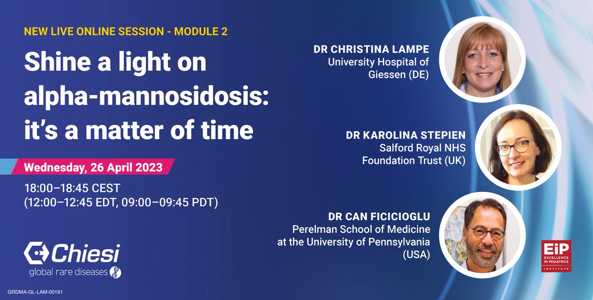 To find out about caring for patients with alpha-mannosidosis, join the live @ChiesiGRD webinar today - Shine a light on alpha-mannosidosis: it's a matter of time. Hear from Dr C. Ficicioglu, Dr C. Lampe, and Dr K. Stepien at 6:00 CEST. Free Registration bit.ly/EIP-a-mann