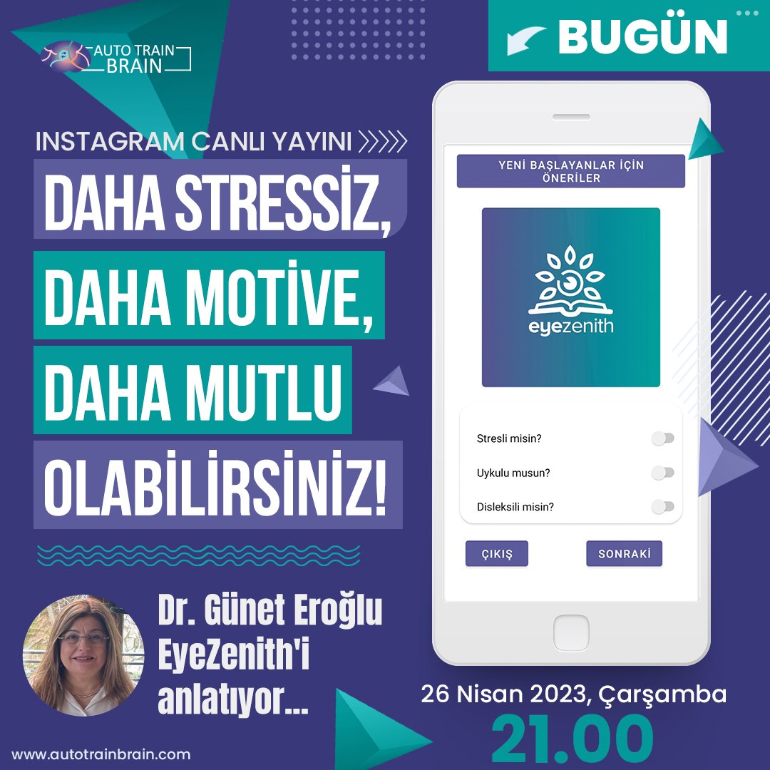 autotrainbrain1's tweet photo. Yeni aplikasyonumuz EyeZenith ile ilgili, pek çok telefon, mesaj ve soru aldık👉 #EyeZenith ile ilgili bilgi vermek için Kurucumuz Dr. Günet Eroğlu bugün, #canlıyayın yapacak👍 Kaçırmayın, EyeZenith ile tanışın🎯
🗓 Bugün, 26 Nisan, Çarşamba
⏰️ 21.00
📱 Instagram https://t.co/NOim4fFQL4