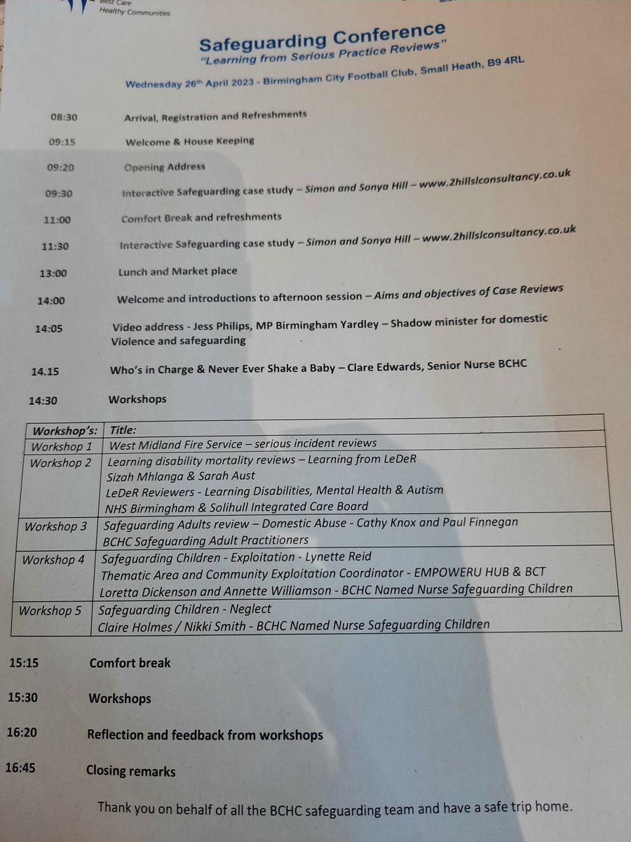 bhamcommunity's tweet photo. The agenda at our #safeguarding conference today. The case studies, talks, and workshops today count towards level 3 training for all in attendance 🙌 #safeguardinglearning https://t.co/M07400Id7J