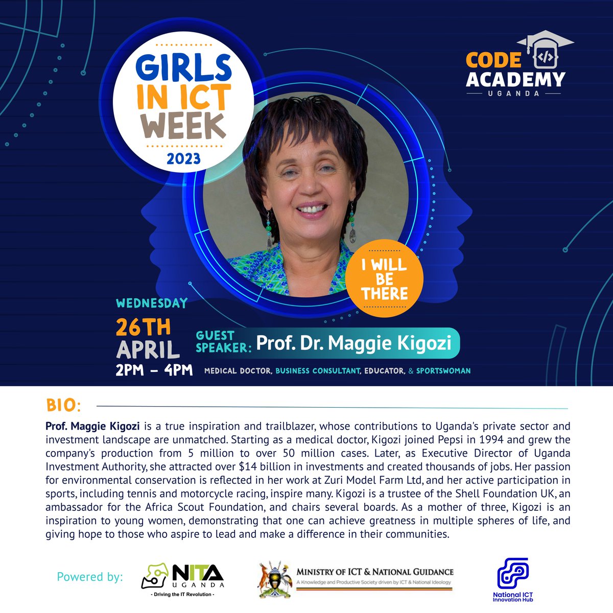 code_academy_ug's tweet photo. Today, we shall be hosting Prof. @MaggieKigozi3 in the #GirlsICTWeek at @MoICT_Ug in partnership with @NITAUganda1 and @InnovationHubUg at 2pm. https://t.co/AMhPJkyTHs