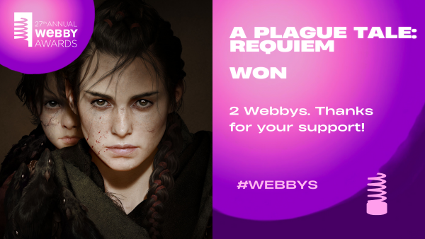 Asobo Studio ✈️🐀 (@asobostudio) on Twitter photo 🎉 #APlagueTaleRequiem won 2 awards at <a href="/TheWebbyAwards/">The Webby Awards</a> in the Best Music/Sound Design category for games
Thanks to our amazing community and to the #WebbyAwards for this recognition 🙏
bit.ly/3Lt4LAa
<a href="/oderiviere/">Olivier Deriviere</a> <a href="/Focus_entmt/">Focus Entertainment</a> <a href="/APlagueTale/">Resonance</a> 🎉 #APlagueTaleRequiem won 2 awards at <a href="/TheWebbyAwards/">The Webby Awards</a> in the Best Music/Sound Design category for games
Thanks to our amazing community and to the #WebbyAwards for this recognition 🙏
bit.ly/3Lt4LAa
<a href="/oderiviere/">Olivier Deriviere</a> <a href="/Focus_entmt/">Focus Entertainment</a> <a href="/APlagueTale/">Resonance</a>