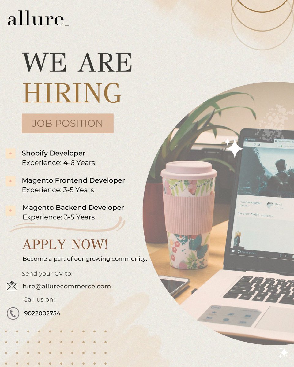 Allure_Commerce's tweet image. We're hiring! If you're a Shopify or Magento developer looking for your next opportunity, we want to hear from you. Come join our team and work on exciting e-commerce projects. Apply now!
.
.
.
#ShopifyDevelopers #MagentoDevelopers #EcommerceJobs #HiringNow #AllureCommerce