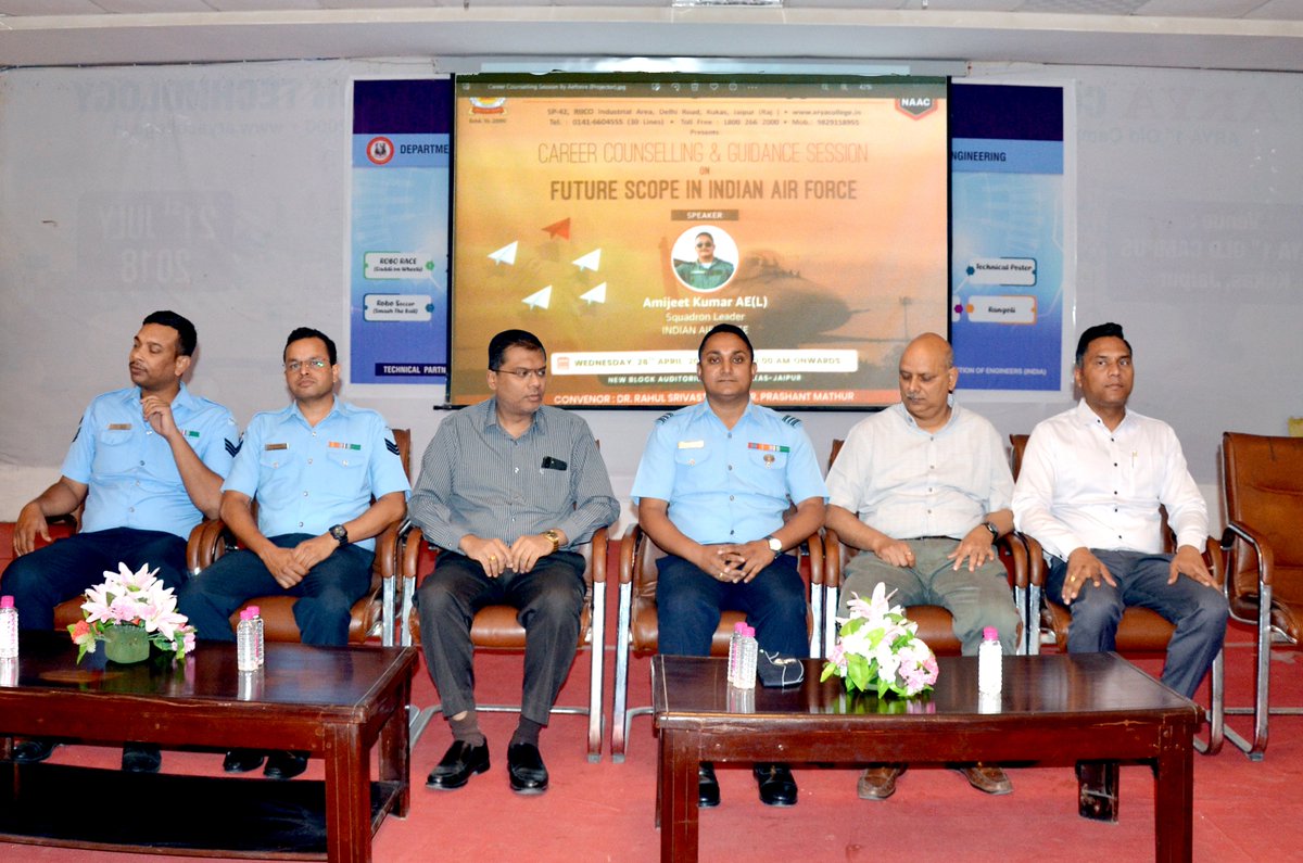 aryacolleges's tweet photo. #AryaCollege, Jaipur Organized a #CareerCounselling & #GuidanceSession on Future Scope in #IndianAirForce on 26th April, 2023 at #Arya1stoldcampus. Squadron Leader Mr. Amijeet Kumar guided & aware the students regarding Jobs and Career Opportunities available in Indian Air Force. https://t.co/pCupOH5u2A