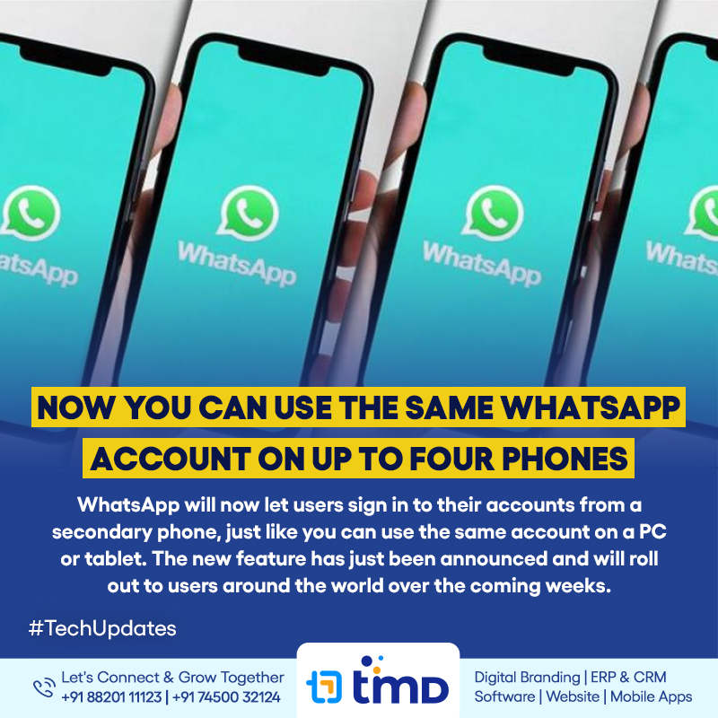 TimDAgency's tweet photo. WhatsApp now lets you use one account on multiple devices, making it easier to switch between your other devices without having to log in & out repeatedly.
#WhatsApp #WhatsAppIndia #Messenger #MultiDevice
#TimDTechUpdates #TimD #TimDigital #LetsGrowTogether #DigitalizeYourGoal https://t.co/FaczVYLwOO