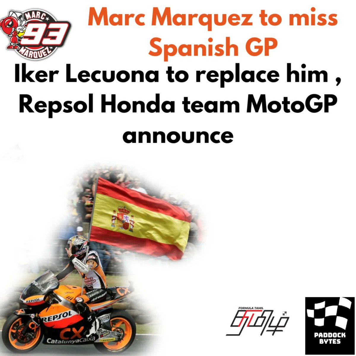 FormulaTamil's tweet image. Marc Marquez: the man with multiple injuries, and still fighting for race wins and championships.

He will miss his home GP this weekend.
#formulatamil #motogpnews #motogp2023 #f1tamil #memes #f1tamilcommunity  #MotoGP #ferrari #breakingnews #injury  #news  #marc #marquez #mm93