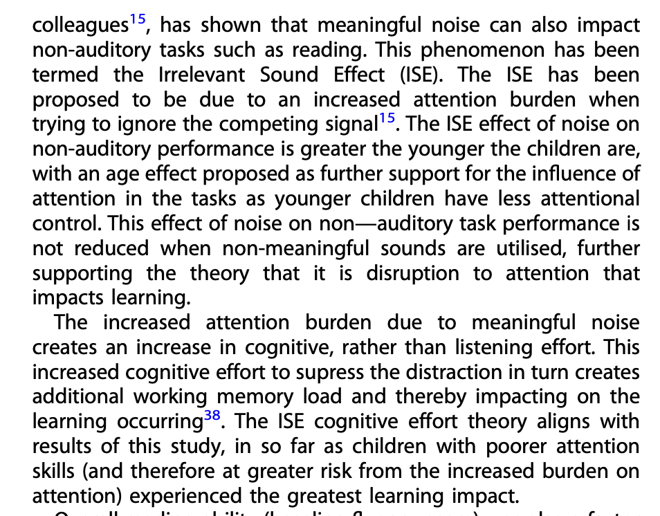 tombennett71's tweet photo. This research, published a few weeks ago, demonstrates that open plan classrooms are the worst environment for reading development, because irrelevant sounds place a huge burden on a student's cognitive load. Noisy spaces impede learning  https://t.co/flkKDNAJOL
