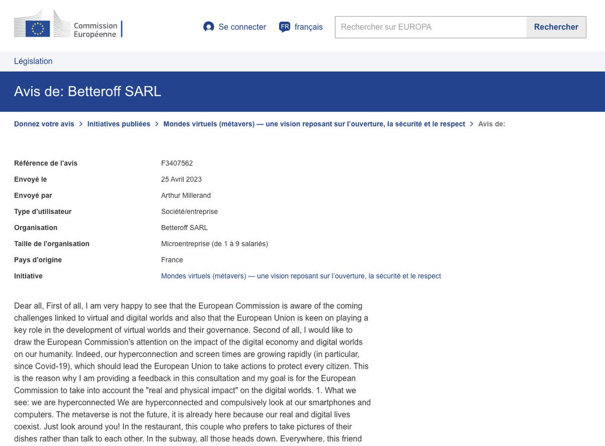 Proud that #Betteroff provided feedback to the <a href="/EU_Commission/">European Commission</a>! 🌐

In the context of the public consultation on virtual worlds (#metaverse), our team provided its vision for the future: there is a true need for digital hygiene.

#digitalhygiene #digitaldetox #regulation
