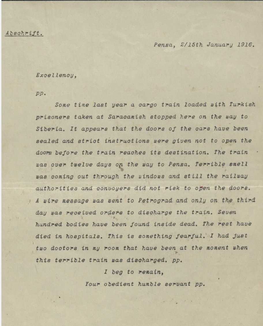 1915 Yılında Türk esirlerini Sarıkamış'tan alarak Sibirya'ya taşıyan bir tren Penza'da durmuş. içerisinden çok kötü bir koku geliyormuş. kapıların açılmasına izin vermemişler. Petrograd'a bir mesaj gönderilmiş ve ücüncü günün sonunda kapılar açılmış. içerisinde 700 kişinin