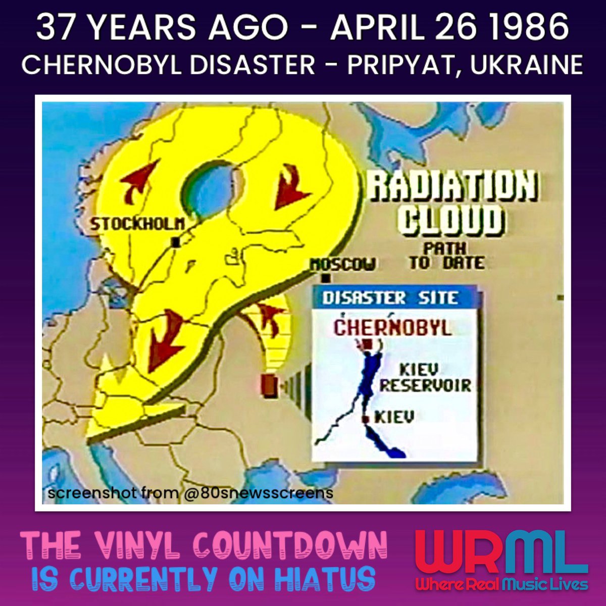 vcountdownradio's tweet photo. 37 years ago today, the infamous nuclear accident at Chernobyl occurred in Ukraine. It is one of two nuclear power plant accidents rated 7 on the International Nuclear Event Scale, the maximum possible rating. (The other accident happened during the Fukushima disaster in 2011.) https://t.co/wtdIlmmkkr