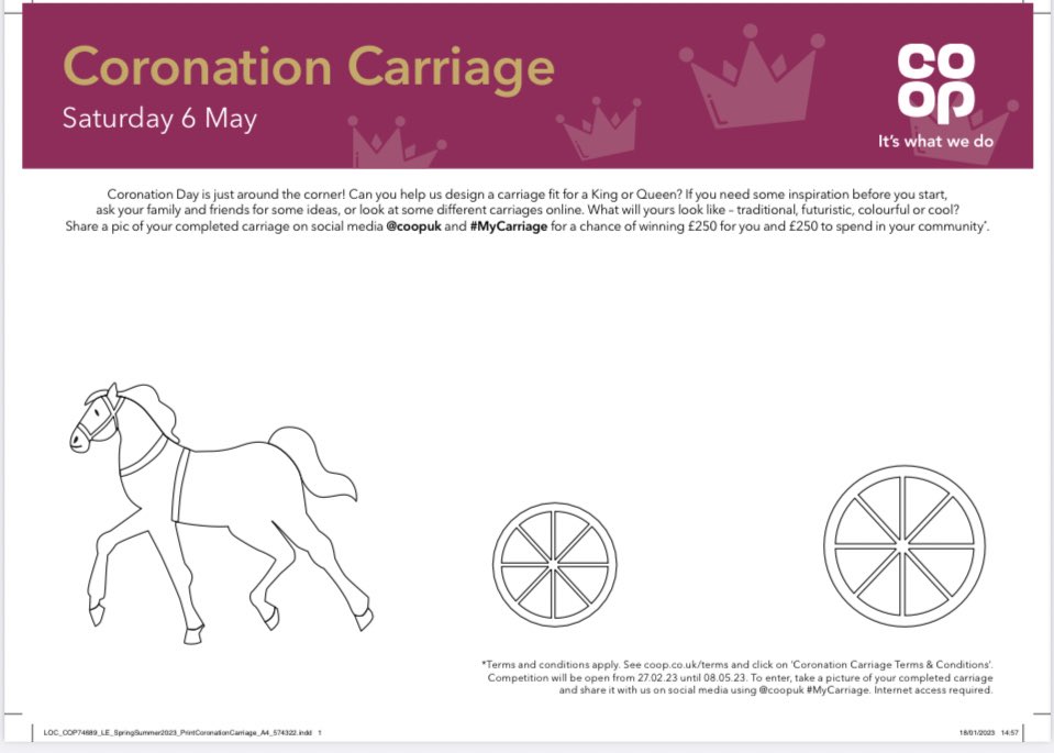 Coronation Day is just around the corner! Can you help us design a carriage fit for a King or Queen? Share a pic of your completed carriage on social media Co-op and #MyCarriage for a chance of winning £250 for you and £250 to spend in your community #Coronation