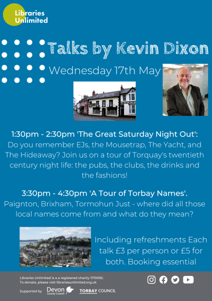 TBankTTogether's tweet photo. As part of Local History Month, Torbay’s own Mr History, Kevin Dixon, is giving not just one but two talks on the same day. Delve into the origins of Torbay place names and enjoy an old-school night on the town at @TorquayLib.
https://t.co/QsvBXKgfq2 https://t.co/mcT4buXtab