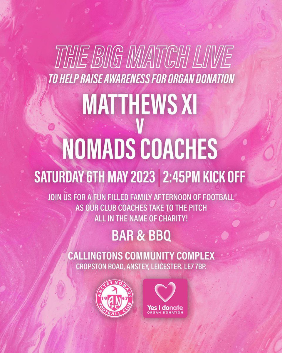 1MLikes4Matthew's tweet photo. ORGAN DONATION AWARENESS 🩷FOOTBALL MATCH 6th MAY @AnsteyNomadsFC
@NHSOrganDonor @Kidney_Research https://t.co/IuHfkwhF7u