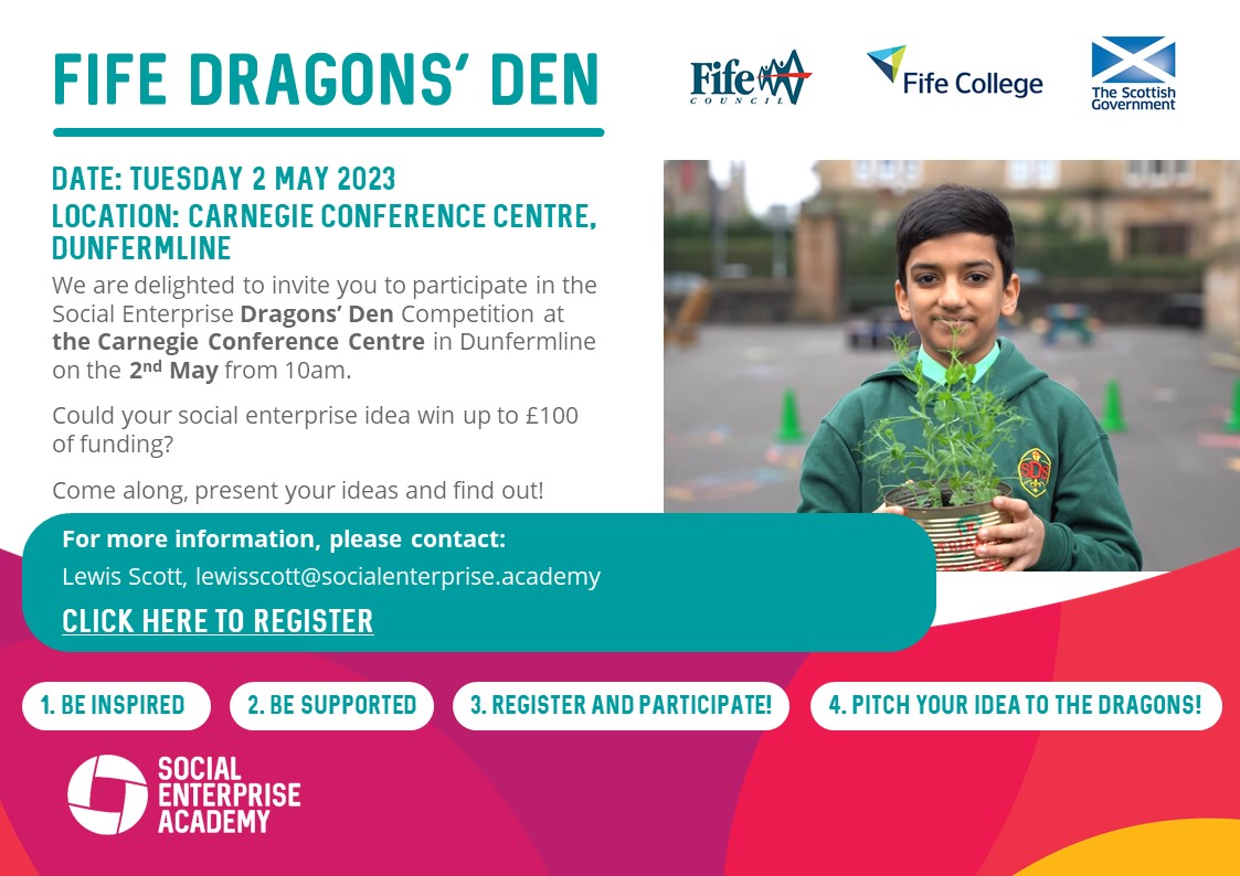 🗓 We are looking forward to hosting Fife Dragons' Den on Tuesday 2 May.

Working in partnership with <a href="/FifeCouncil/">Fife Council</a> and <a href="/SocEntAcademy/">Social Enterprise Academy Scotland</a>. This event is open to all Fife based schools.