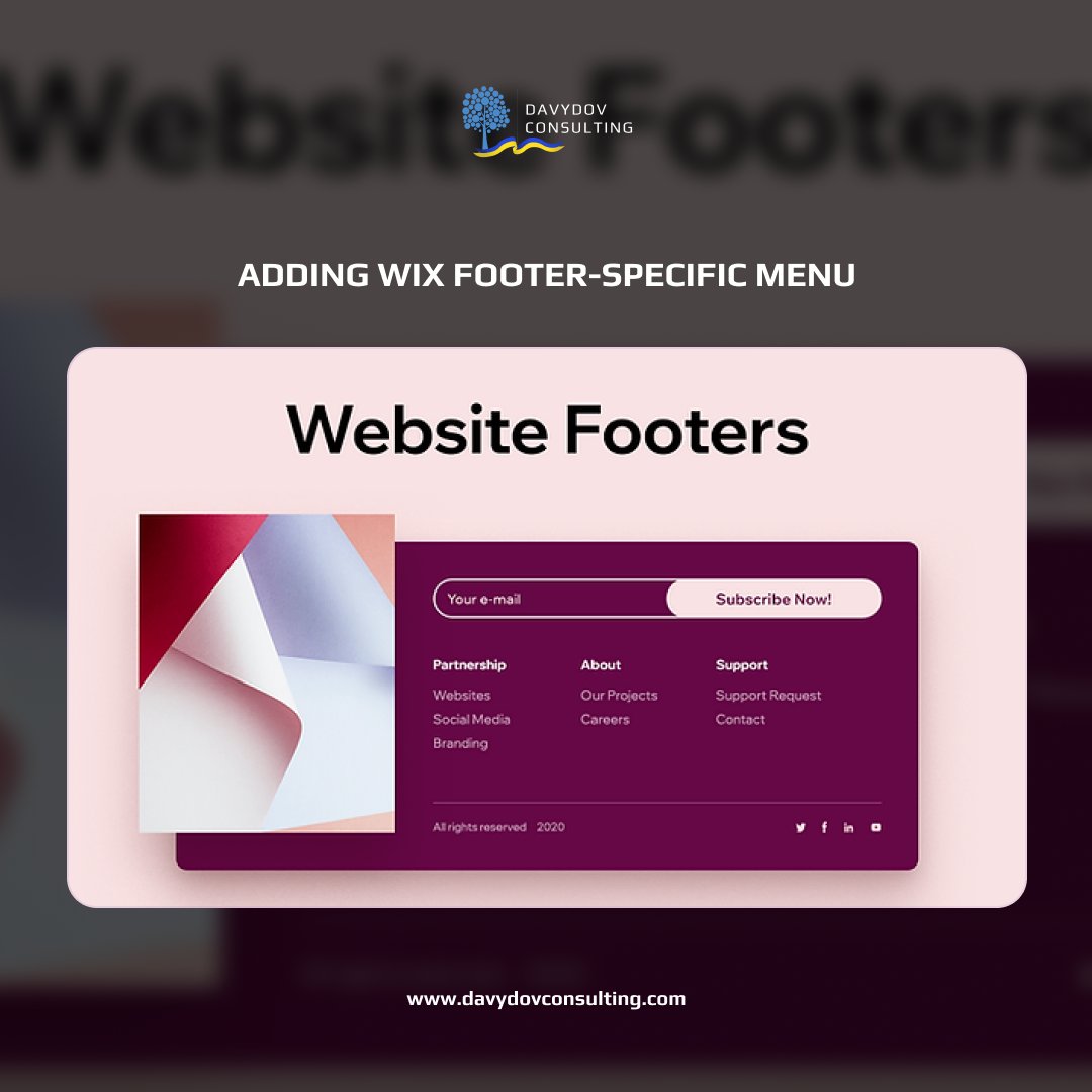 DAVYDOVCONSULT's tweet image. Adding Wix Footer-Specific Menu 👩💻
To add a menu to the Wix footer, you must add buttons and remove their styles. Attach links to relevant pages on the buttons.
📲Please contact us davydovconsulting to add a menu to a Wix website's footer.
#WixTips #WixTutorial #WixTricks #Wi