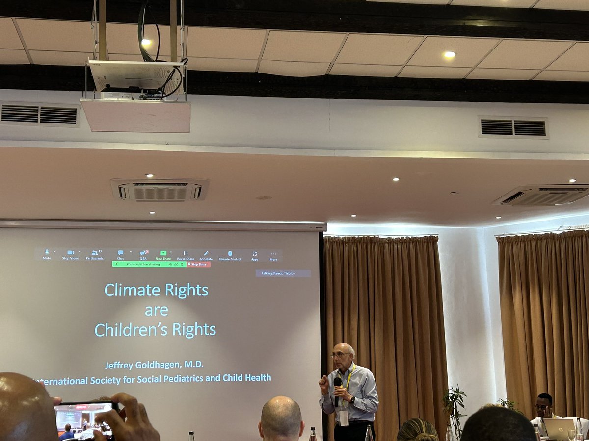drlopo's tweet photo. Climate rights are children's rights. A child born today will be impacted by climate change their whole life @JeffreyGoldhag1 chair of @IssopOrg presenting at #kpascicon2023 @acopphe @Kenyapaeds first climate conference 
#ClimateCrisis #ClimateCrisisIsAHealthCrisis https://t.co/VpxK6hqr97
