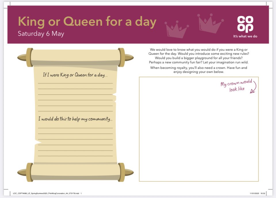 <a href="/coopuk/">Co-op</a> would love to know what you would do if you were a King or Queen for the day. Would you build a bigger playground for all your friends? Perhaps a new community fun fair? Let your imagination run wild 
Please ask any Mullion or Rosudgeon Coop colleague for a free sheet.