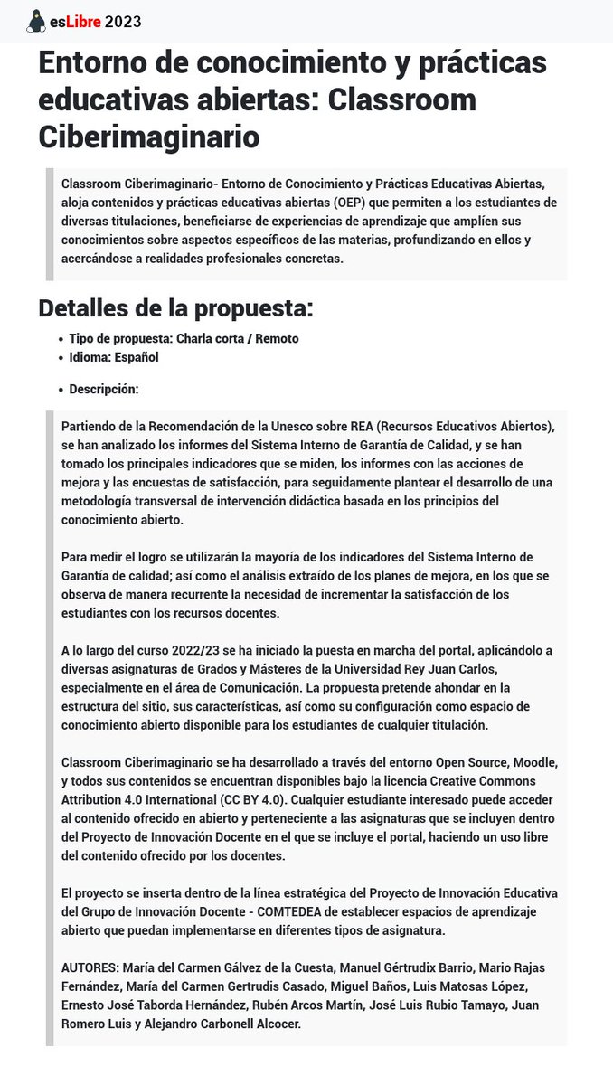 esLibre_'s tweet photo. #esLibre2023 viernes 12 mayo 10:30-10:45

"Entorno de conocimiento y prácticas educativas abiertas: Classroom Ciberimaginario" por @mcarmengalvez

🔗 Info charla: https://t.co/p5enMfJqe2

🔗 Registro asistentes: https://t.co/3VIOssBagC https://t.co/fawJVo2D3m
