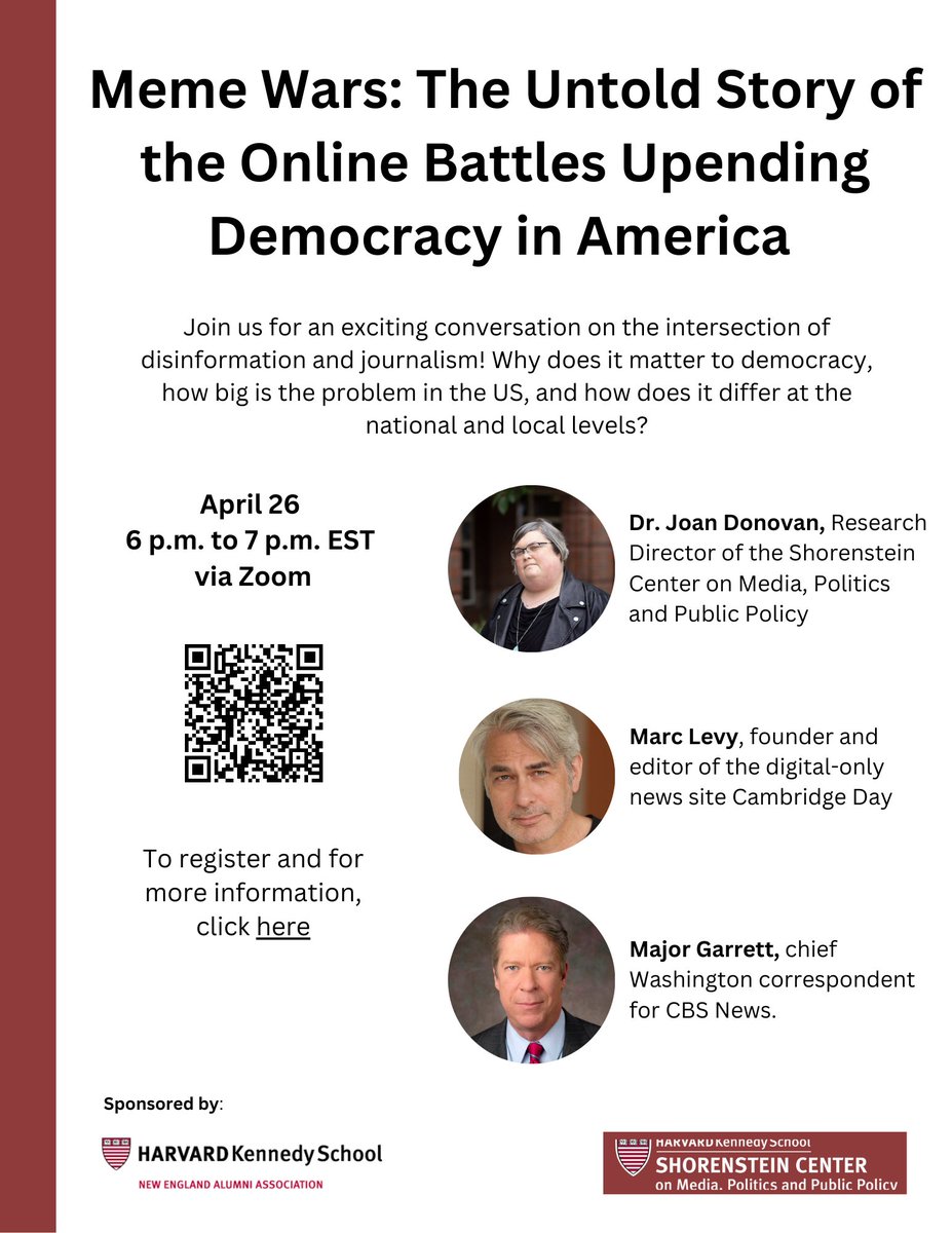 Hi everyone! The conversation on journalism and disinformation called, "Meme Wars: The Untold Story of the Online Battles Upending Democracy in America" is taking place today (Wed, 6-7pm ET, April 26). You're all welcome to join and RSVP here: us02web.zoom.us/meeting/regist…