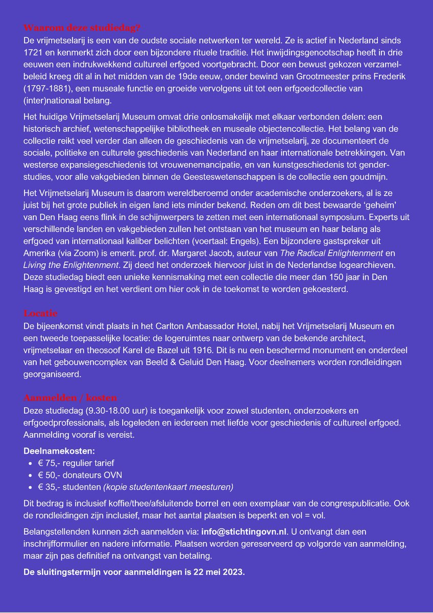 StichtingOVN's tweet photo. Internationale studiedag over de geschiedenis van het bijzondere Vrijmetselarij Museum in DenHaag, 25 mei 2023. Programma: https://t.co/OuGknsV2xD

#erfgoed #archief #bibliotheek #museum #geschiedenis #historici #vrijmetselarij #symposium #lezing https://t.co/FL4mGYDaSd