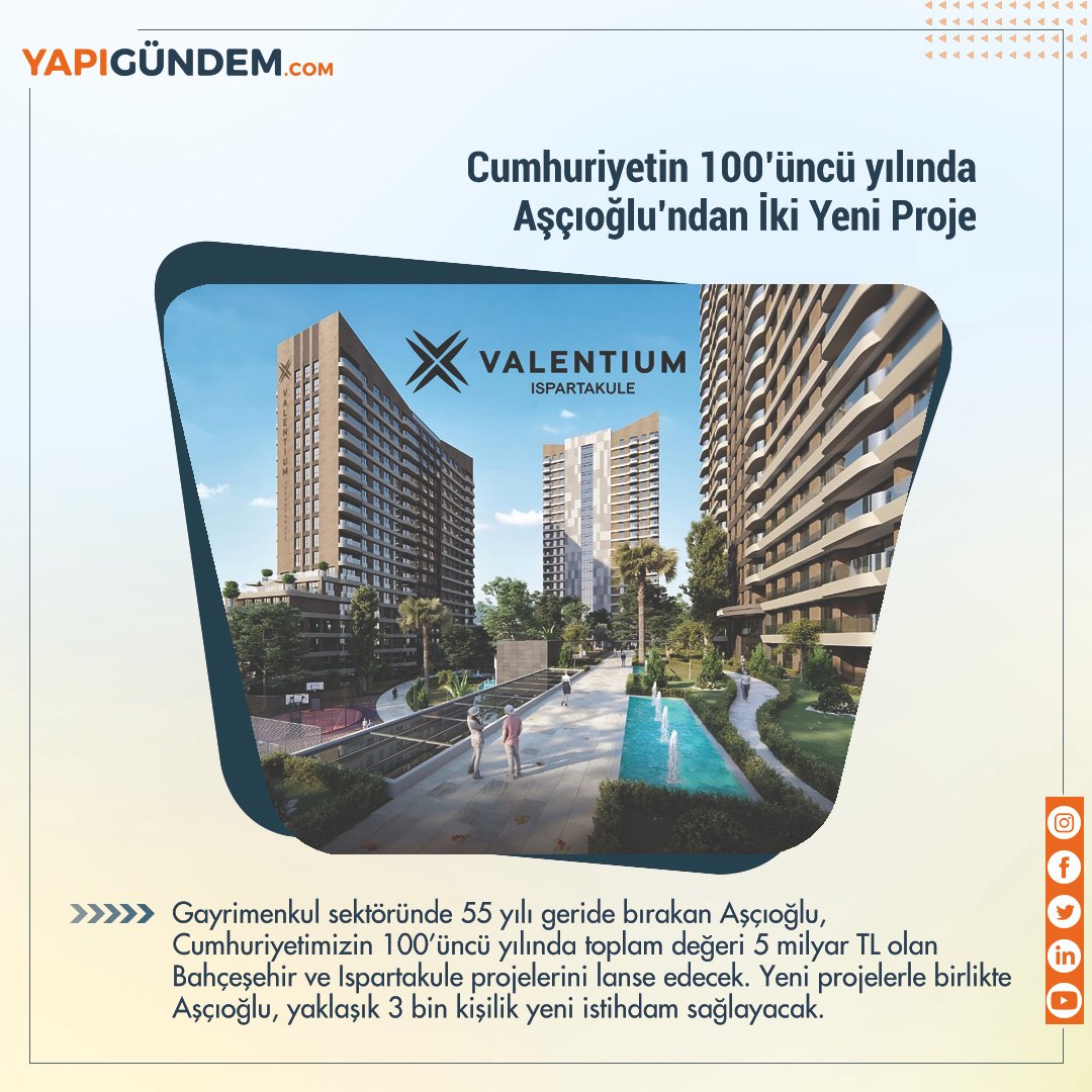 Cumhuriyetin 100’üncü yılında Aşçıoğlu’ndan İki Yeni Proje

Haberin devamını okumak için linke tıkla
yapigundem.com/cumhuriyetin-1…

#yapigundem #aşçıoğlu #valentiumıspartakule #ıspartakule #istanbul #konut #oklarvalentiumugösteriyor #huzurluyaşam #yüksekyatırımdeğeri