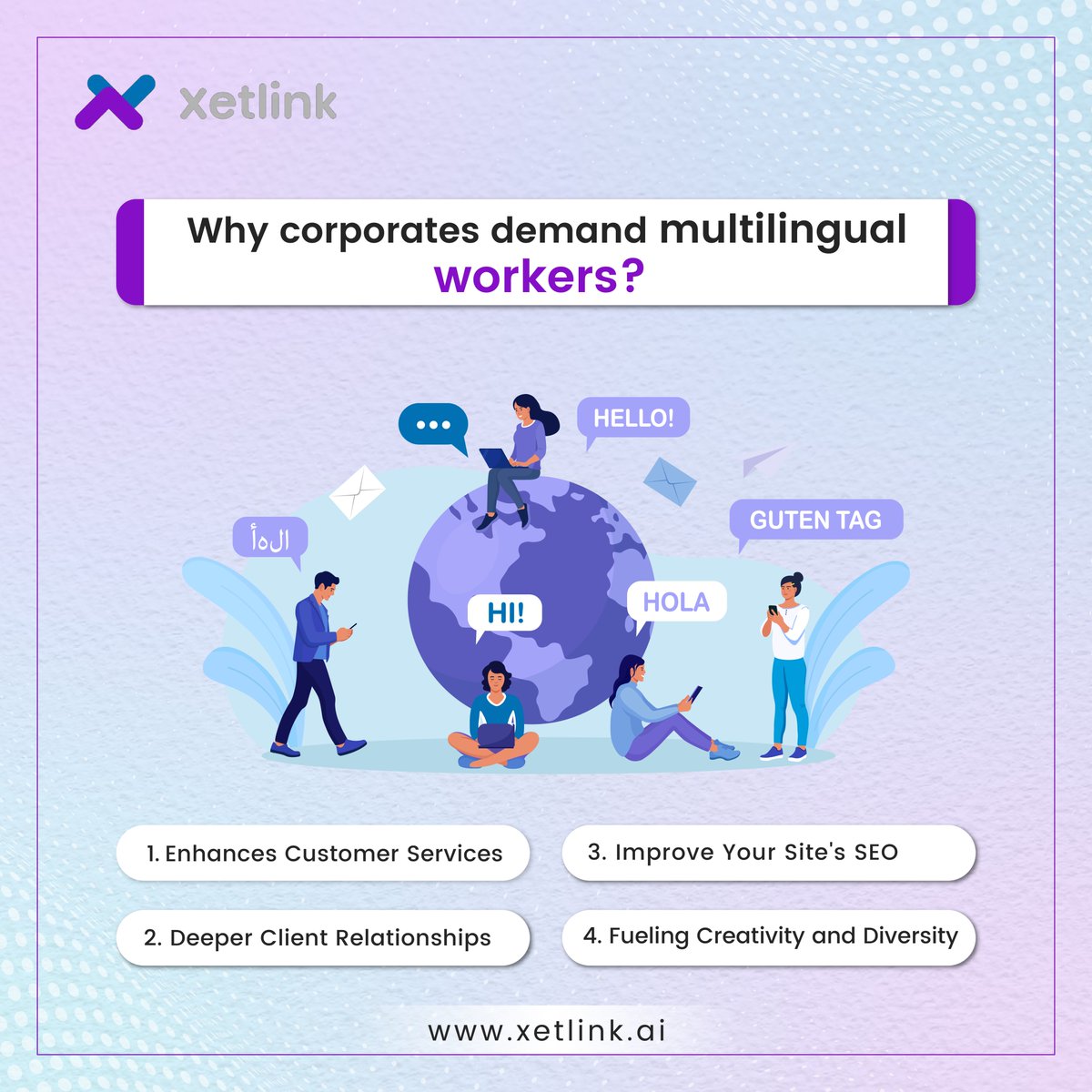 Xetlink_tech's tweet photo. Speak more than one language? 🗣️

You're in demand! Businesses are looking for multilingual workers to help them connect with a diverse world 🌎 

#multilingual #corporate #aitool #aicommunity #aiplatform #artificialintelligence #ai #xetlink https://t.co/Rs9sPyt5CS