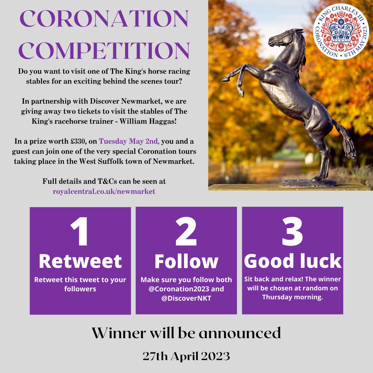 Coronation2023's tweet photo. 🏆 COMPETITION 🏆

We are giving away two tickets for a very special behind-the-scenes tour of The King's racing stables in Newmarket!

Simply retweet this tweet, and follow both @Coronation2023 &amp; @DiscoverNKT for your chance to win!

👉 https://t.co/RTeAPL7pzL https://t.co/AEsUXpBfv2