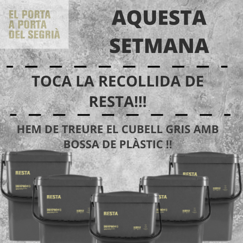 segriapap's tweet photo. 📢Aquesta setmana toca la recollida de RESTA📷 #TerradePonent #PaP #CCSegria #Segriaresidus #Sostenibilitat #Reciclatge
@AjAlcarras @ArtesaLleida @llardecans @AjSoses @ajcorbins @AgenTorrebesses @AjGranjaEscarp
@ajuntamentaspa @ajmaials @Porta_a_Porta https://t.co/VH1a0uKwp2