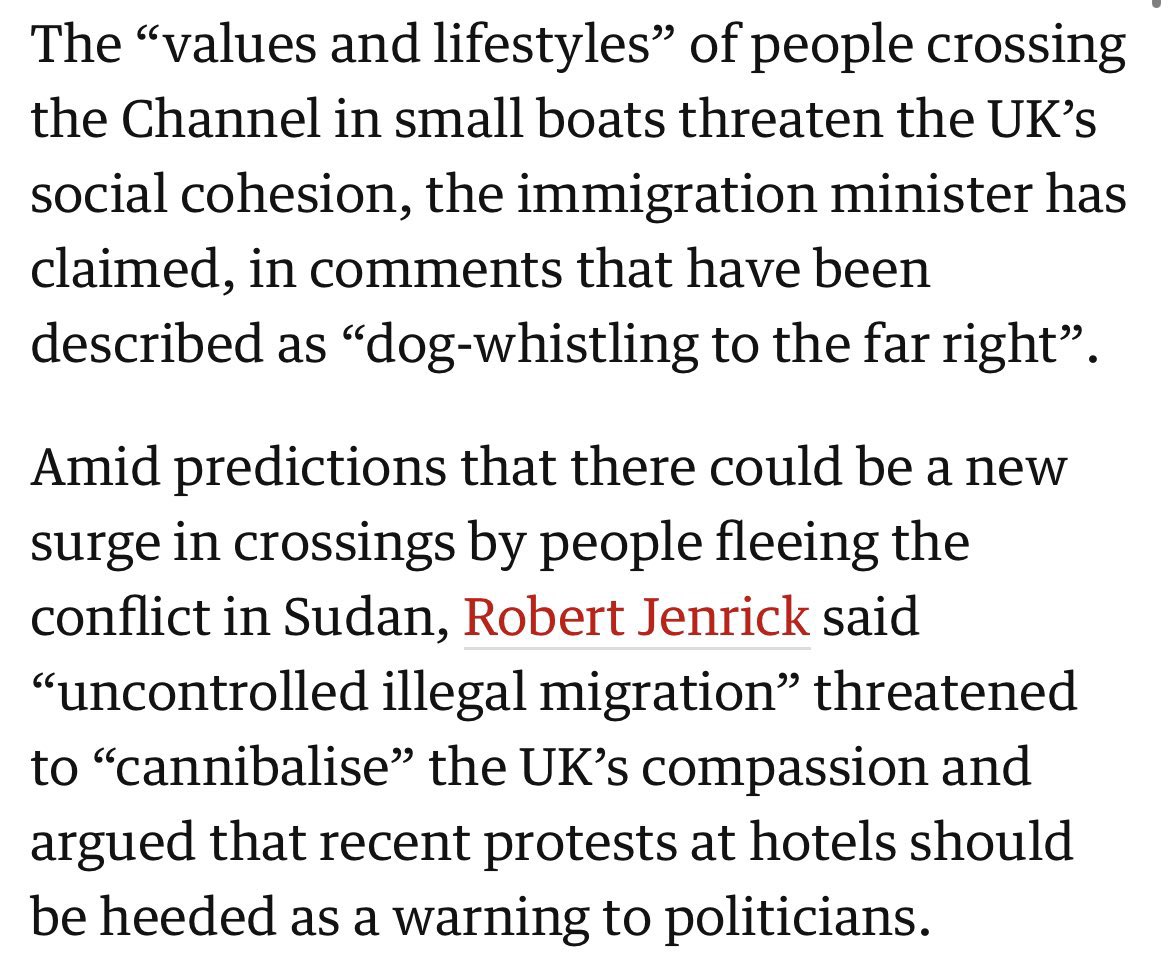 This isn’t even a far-right dog-whistle. It’s a loud, proud, audible whistle to U.K. racists. Robert Jenrick’s choice of words about fellow humans is despicable. 

We have never had “uncontrolled migration” and he knows it. People move. Our only choice is how cruel to be about it