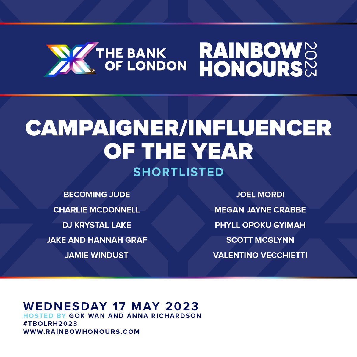 RainbowHonours's tweet photo. This is a reminder of the nominees for the Campaigner/Influencer of The Year Award at the @thebankoflondon Rainbow Honours 2023. 
#TBOLRH23 https://t.co/FVG9sj6rLG