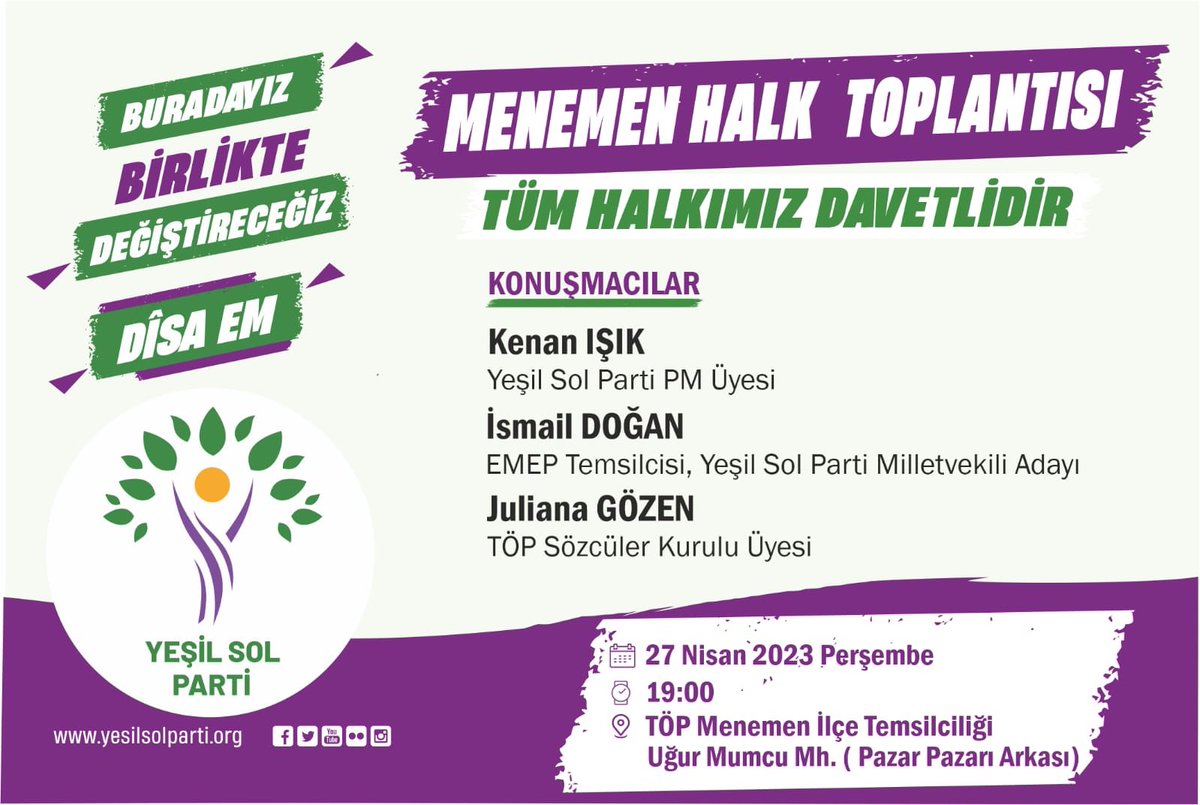 yesillersol_izm's tweet photo. Menemen buluşmamıza tüm halklarımız davetlidir.

♦️27 Nisan Perşembe Saat:19.00
♦️TÖP Menemen İlçe Temsilciliği, Uğur Mumcu Mh. (Pazar pazarı arkası) https://t.co/f9lrn4lXFq