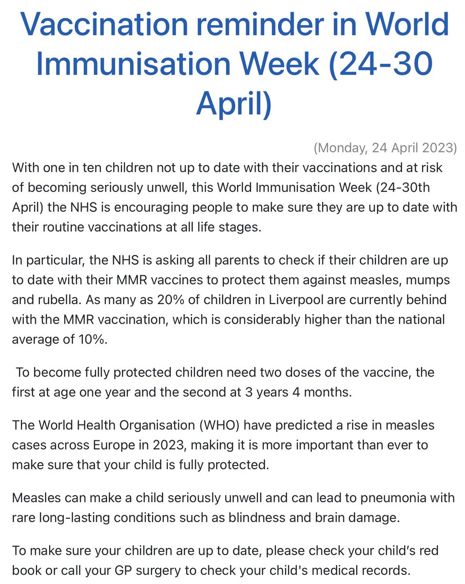 World immunisation week 24-30th April 💉

Learn more about MMR immunisation by watching this short clip by Nathan Askew, Chief Nurse at Alder Hey Children's hospital.

x.com/i/status/16504…

#mmr #children #WHO #immunisation #awareness