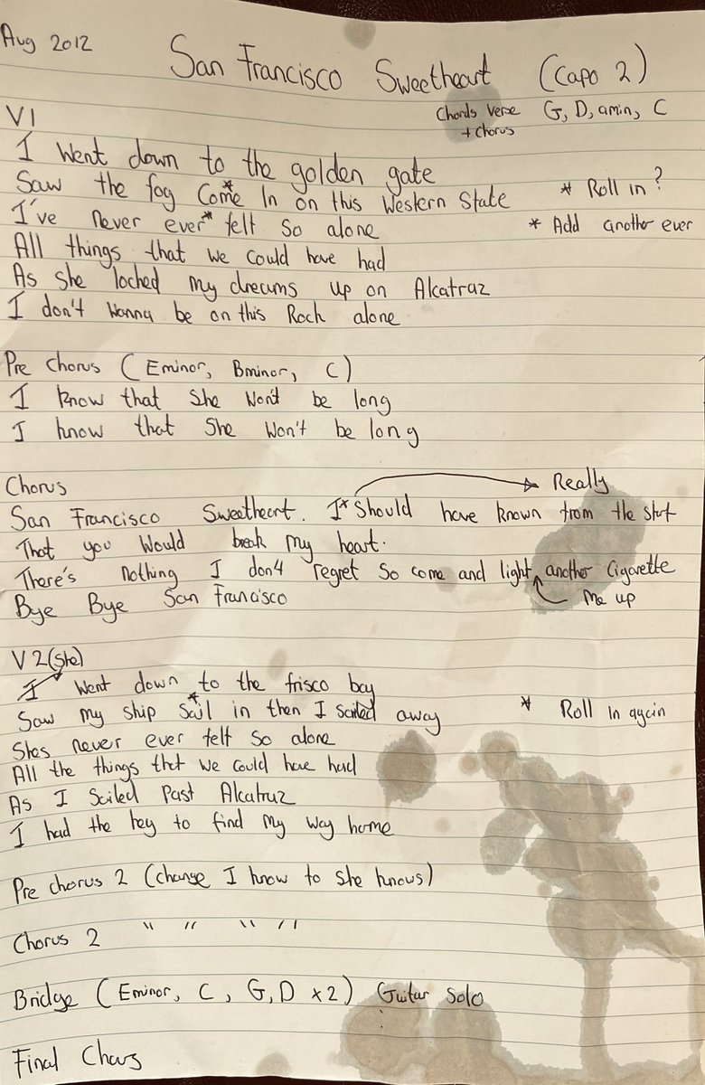 “ I never used to write ideas down but remember writing this one as it was so different! Glad I could dig it out” 🌊🎶

“The song lyrics haven’t changed that much since this first draft was penned back  in 2012”

San Francisco Sweetheart 

JP

open.spotify.com/track/6Ly4Y1Ew…