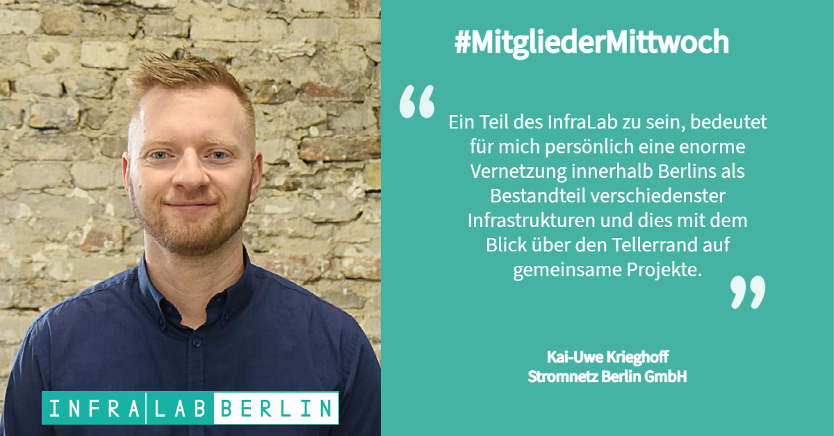 infralabberlin's tweet photo. #MitgliederMittwoch: 📢Heute stellen wir euch Kai-Uwe Krieghoff von @StromnetzBln  vor! Auf dem Weg zur #SmartCity darf für unseren Kollegen auf keinen Fall der Dialog und die 🤝mit ausgewählten Partnern in Berlin fehlen. Darum fasst er seine Arbeit im #InfraLab so zusammen: https://t.co/C07FM2UaX8