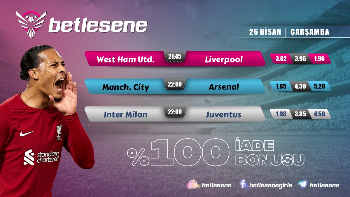 Betlesene ile Günün Maçları
📅 26 Nisan │ Çarşamba

West Ham United ⚔️ Liverpool
Manchester City ⚔️ Arsenal
Inter Milan ⚔️ Juventus

🎁 %50 Slot Özel Kayıp Bonusu
🎁 %50 Pragmatic Özel Freespin Bonusu
🎁 %30 Kriptopay Bonusu

#bahis #futbol #betlesene

🛡️ betlesene.com