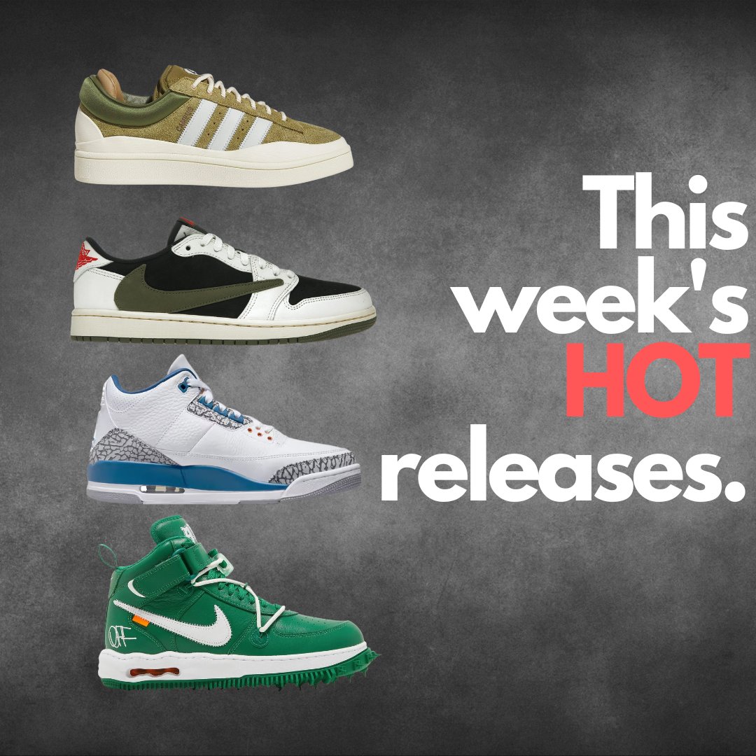 Sneakerflippers's tweet photo. Can't cop the highly anticipated Jordan 1 Low Travis Scott olive? No worries, we've got 3 other options for you! Check out Air Force One mid Off-white Pine Green, the stylish Wild Moss Bad Bunny Adidas Campus, or the classic and cool Jordan 3 Wizard. Which one will you choose? https://t.co/TUkslsLiF3