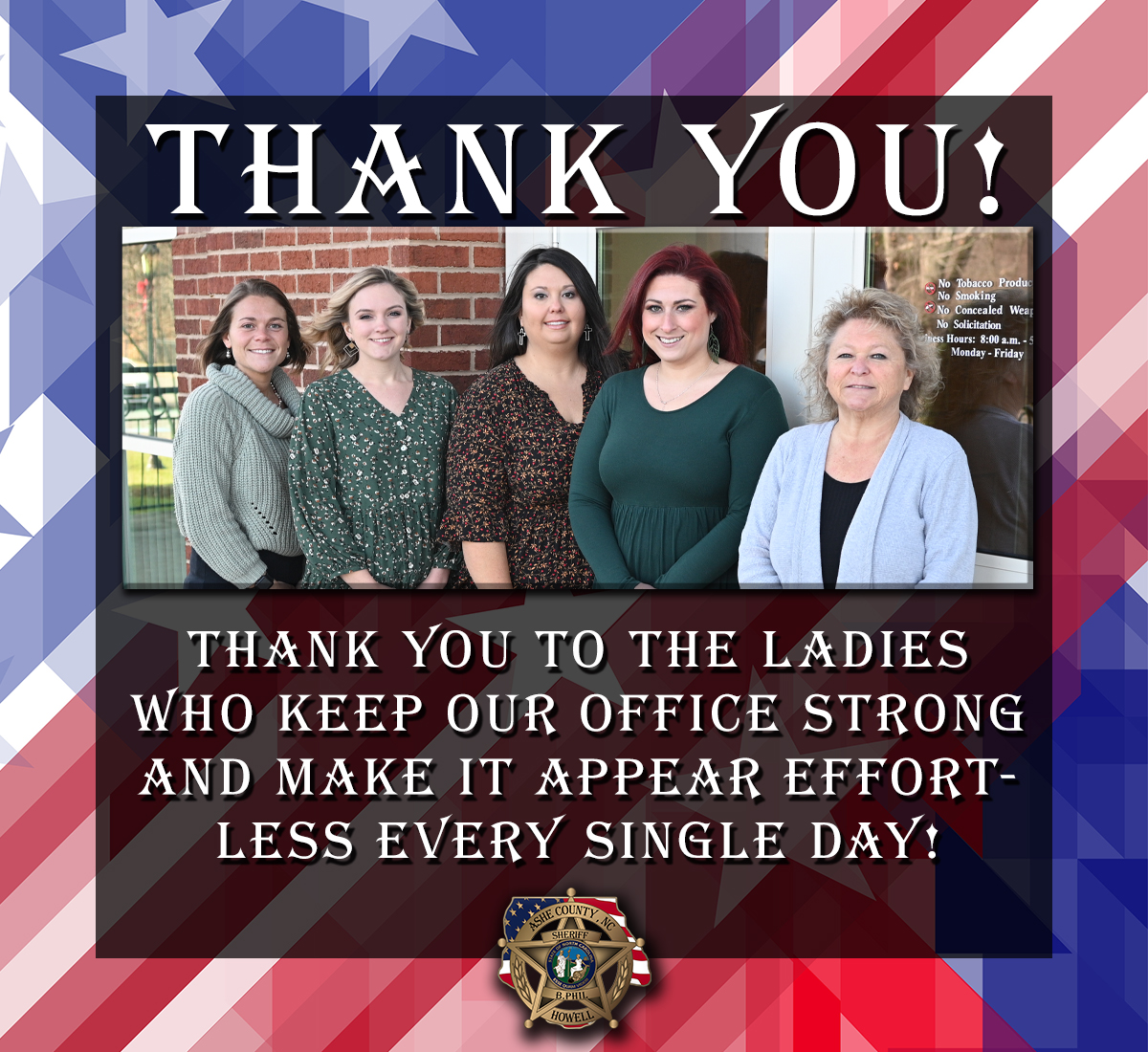 SheriffAshe's tweet photo. These are the dedicated women we depend on daily, who serve the public and the needs of the Office. We couldn’t provide for the public without your service each and every day!

HAPPY ADMINISTRATIVE PROFESSIONALS DAY! https://t.co/BhTwgAQPfy