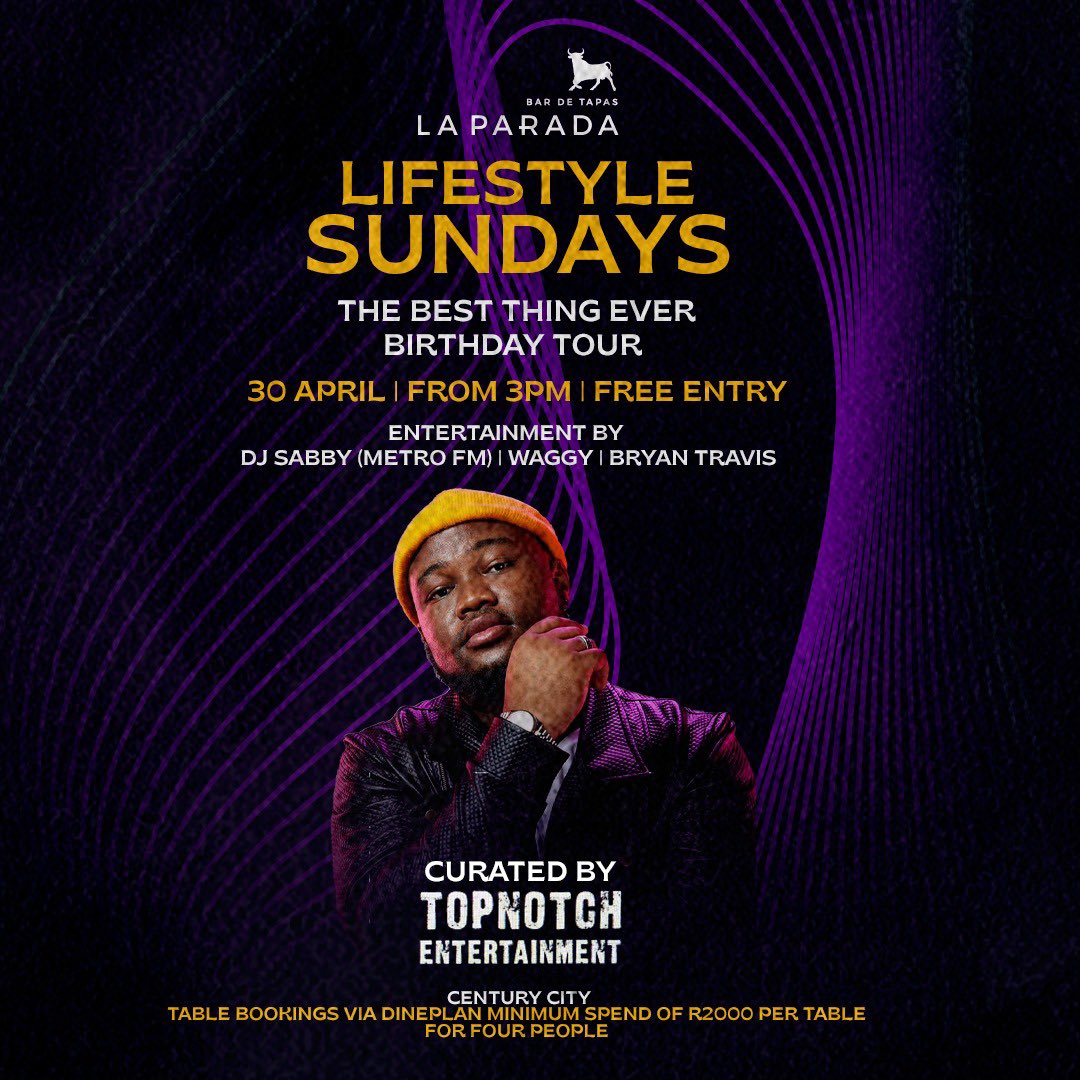 Join us for the first La Parada Lifestyle Sundays at Century City as we welcome DJ Sabby from METRO FM on his ''The Best Thing Ever Birthday Tour''. It's the perfect event to end your weekend on a high note.

🔥Sunday, 30 April
🔥 From 3pm
🔥 FREE ENTRY