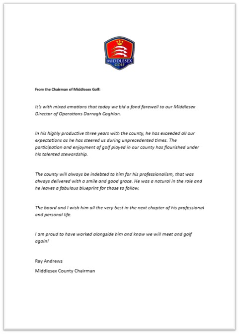 Middlesex_Golf's tweet photo. Today it's time to bid a fond farewell 👋 to Darragh Coghlan, our Director of Operations 

Please see the note from the Chairman 📢 below.

Please join us in wishing Darragh all the best for the future, we cannot thank him enough for his time and efforts 👏 https://t.co/IngNGeIwjN