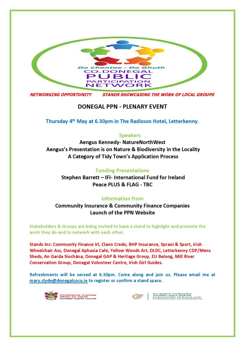 Donegal PPN (@donegalppn) on Twitter photo @DonegalPPN warmly invites all member groups to attend our first plenary meeting of 2023 which will take place on Thursday 4th May in the Radisson Blu Hotel, Letterkenny
Refreshments will be served at 6.30pm.
#networkingopportunity #localgroups #hereforyourcommuity @DonegalPPN warmly invites all member groups to attend our first plenary meeting of 2023 which will take place on Thursday 4th May in the Radisson Blu Hotel, Letterkenny
Refreshments will be served at 6.30pm.
#networkingopportunity #localgroups #hereforyourcommuity