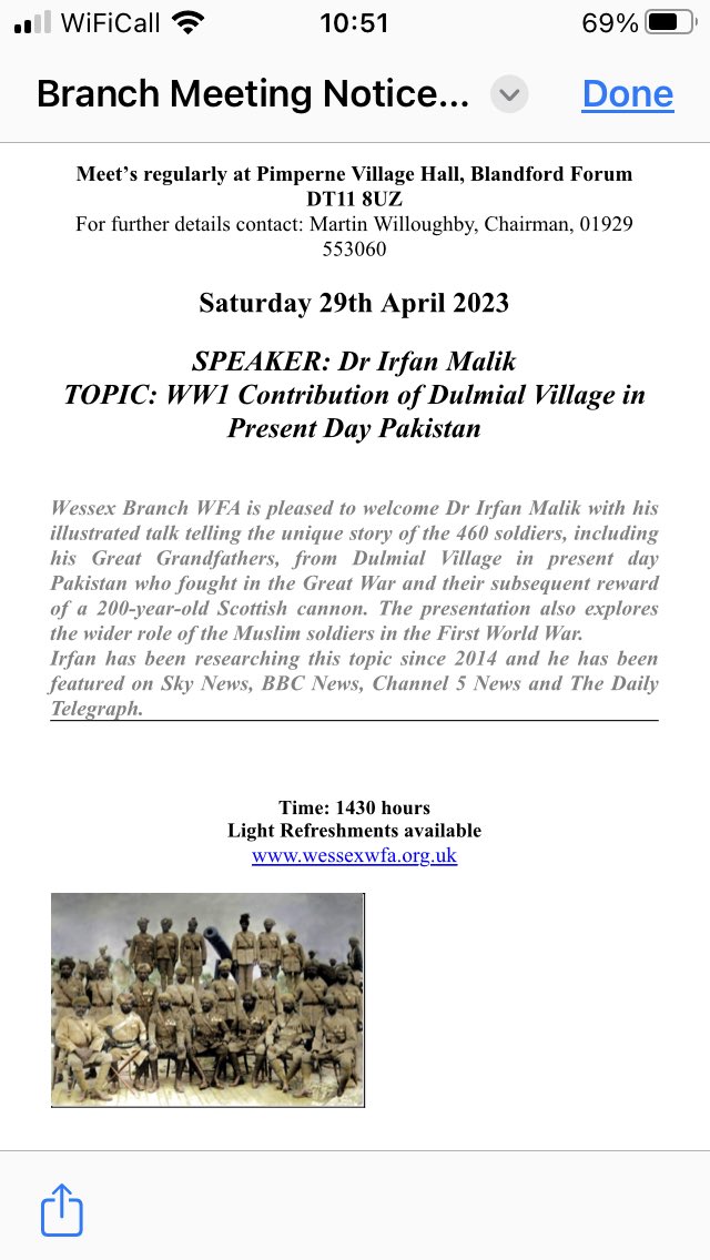 <a href="/TheWFA/">Western Front Association</a> @ProfGSheffield <a href="/militaryhistori/">Dr Peter Caddick-Adams #StandwithUkraine</a> <a href="/Taff_Gillingham/">Taff</a> <a href="/historian1914/">Spencer Jones</a> Please find attached the meeting notice for the 29th April, Dr Irfan Malik tells the unique story of 460 Soldiers from Dulmial Village in present day Pakistan who fought in the Great War. ALL WELCOME. 🫖☕️🍰