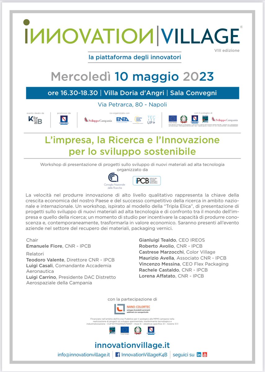 📌10 Maggio | #IPCB presente a #InnovationVillage VIII ed. con un workshop, ispirato al modello della #TriplaElica, di presentazione di progetti sullo sviluppo di #nuovimateriali ad alta tecnologia