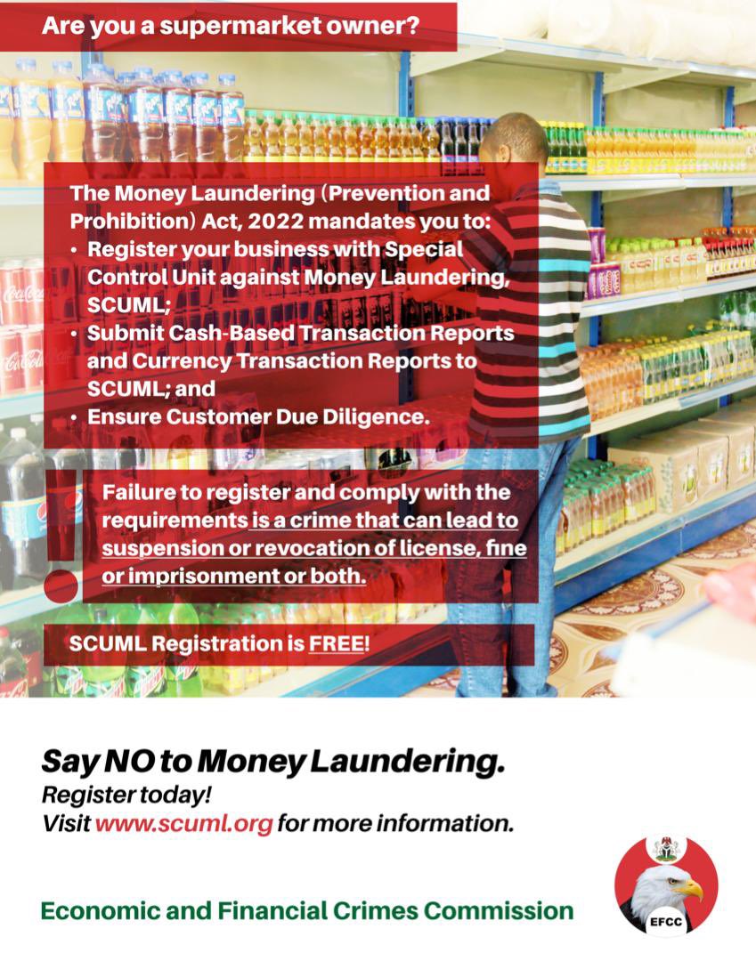 baddest_cash's tweet image. Do you realize how simple it is to use a supermarket to launder money?

Supermarkets must register with the EFCC&apos;s SCUML in order to combat launderers. Failure to register or adhere to the MLPPA 2022&apos;s requirements might result in penalties. #SCUML