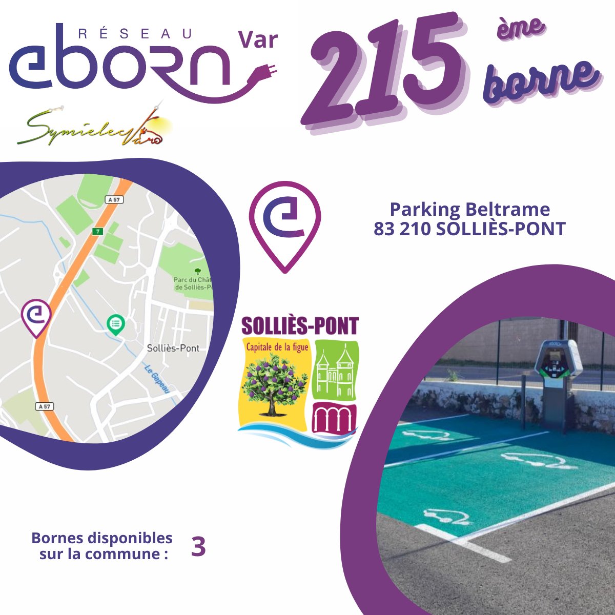 TE83Sym's tweet photo. [Actu #eborn]

2 nouvelles bornes mises en service :
📍 Parking Beltrame à Solliès-Pont
📍 Parking des Tennis à Besse

2⃣1⃣6⃣ bornes de recharge publiques disponible sur le réseau #ebornVar du @SYMIELECVAR83 

#eborn c'est 2⃣4⃣0⃣0⃣ points de charge sur 1⃣1⃣ départements https://t.co/NrrrO2itx3