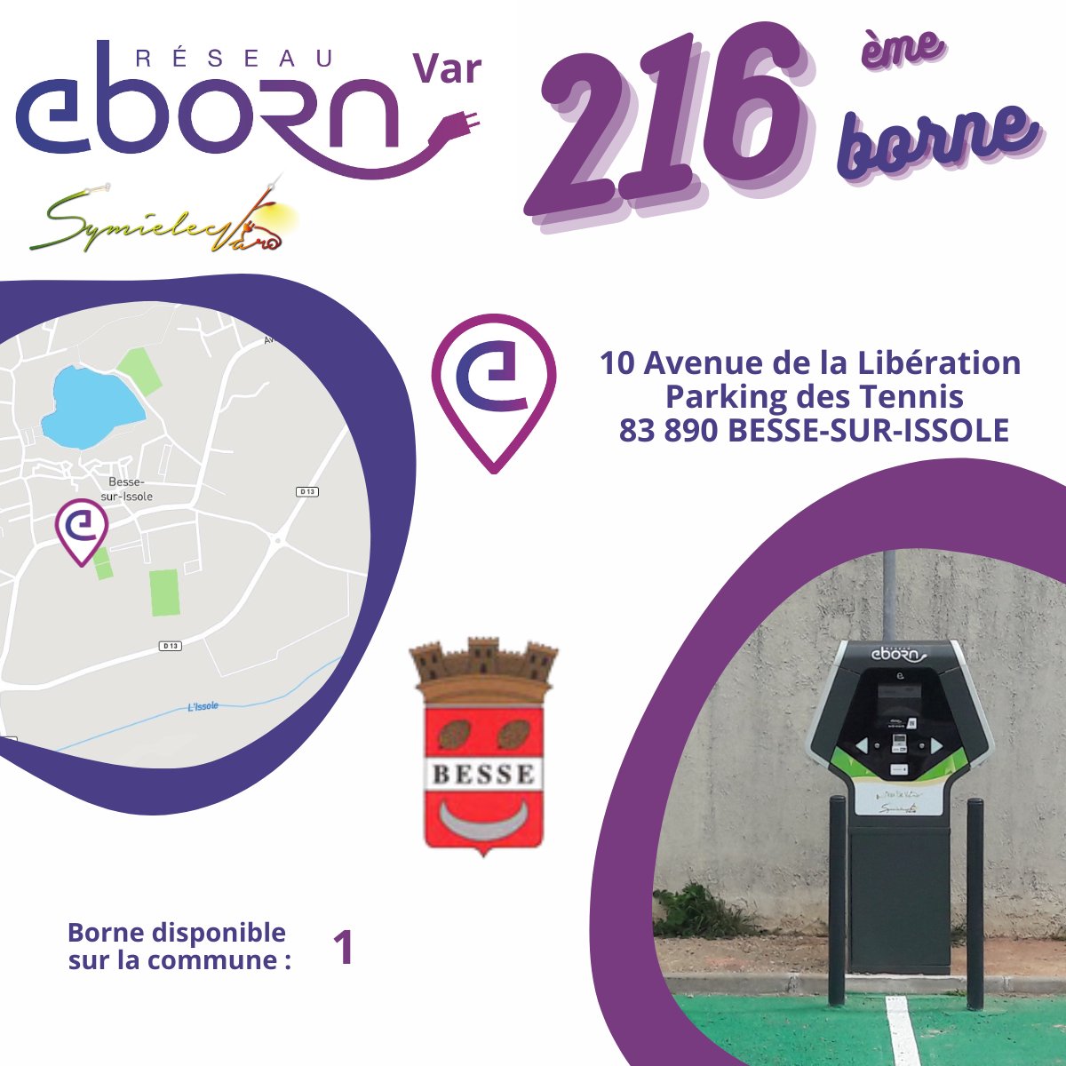 TE83Sym's tweet photo. [Actu #eborn]

2 nouvelles bornes mises en service :
📍 Parking Beltrame à Solliès-Pont
📍 Parking des Tennis à Besse

2⃣1⃣6⃣ bornes de recharge publiques disponible sur le réseau #ebornVar du @SYMIELECVAR83 

#eborn c'est 2⃣4⃣0⃣0⃣ points de charge sur 1⃣1⃣ départements https://t.co/NrrrO2itx3