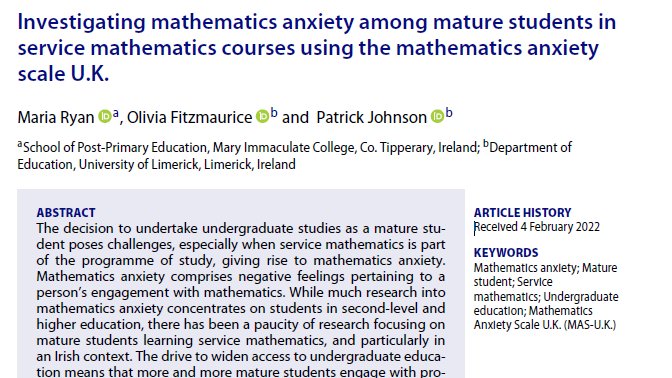 Access to a limited number of copies of our recent paper is available here 👉bit.ly/3Lvn7R3 @DrOFitzmaurice @DrPaddyJohnson #mathsanxiety #maturestudent #servicemaths