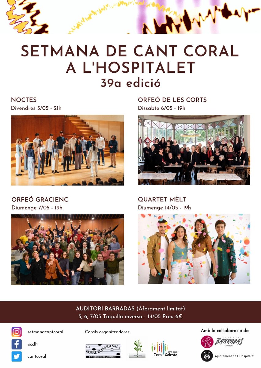 Setmana de Cant Coral a l'Hospitalet (@cantcoral) on Twitter photo Ja tenim a tocar la 39a edició de la Setmana de <a href="/cantcoral/">Setmana de Cant Coral a l'Hospitalet</a> a L'H! Esteu a punt? 😃 Nosaltres en tenim moltes ganes i els 4 grups que venen també! 🔝🎶
Ens ajudeu amb la difusió? No us ho perdeu! Valdrà la pena🤩
#cantcoral #culturalh #femculturapopular Ja tenim a tocar la 39a edició de la Setmana de <a href="/cantcoral/">Setmana de Cant Coral a l'Hospitalet</a> a L'H! Esteu a punt? 😃 Nosaltres en tenim moltes ganes i els 4 grups que venen també! 🔝🎶
Ens ajudeu amb la difusió? No us ho perdeu! Valdrà la pena🤩
#cantcoral #culturalh #femculturapopular