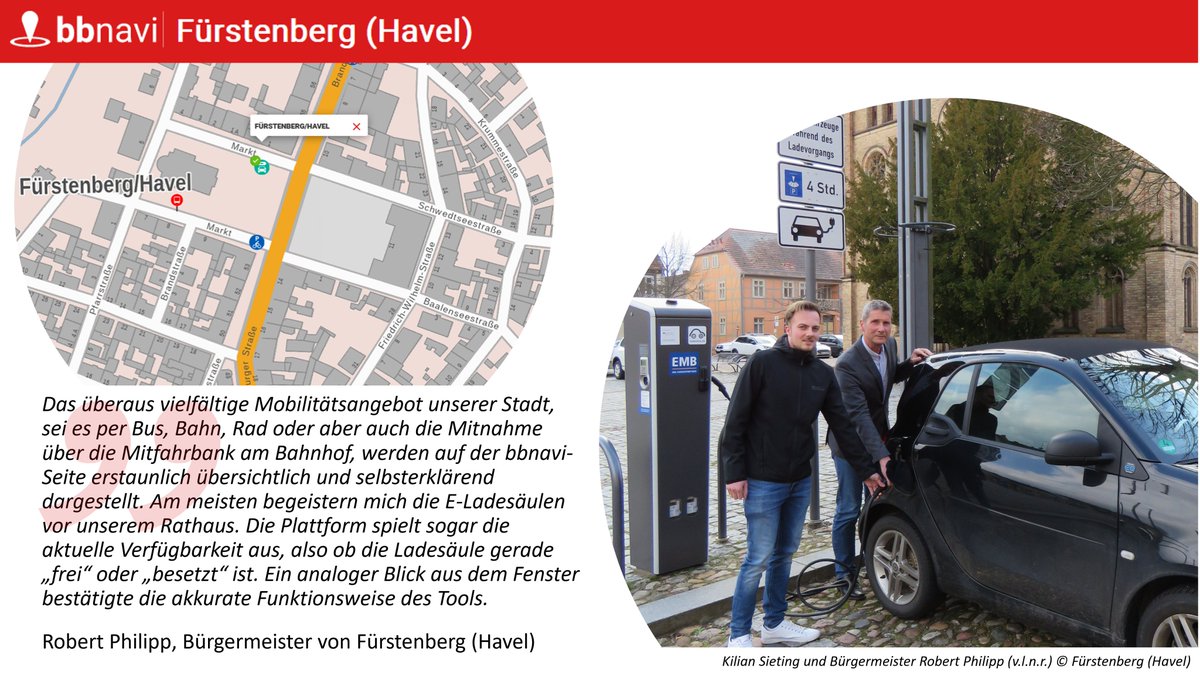 Die #Wasserstadt Fürstenberg (Havel) liegt im Norden Brandenburgs und ist eine der 10 #Pilotkommunen, die <a href="/bbnavi_mobil/">bbnavi</a> anwenden. Ist die E-Ladesäule auf dem Fürstenberger Marktplatz verfügbar? bbnavi gibt die Antwort. fuerstenberg-havel.bbnavi.de *db